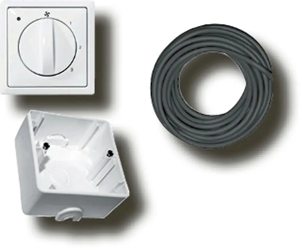 Zubehörset für Wolf Produkte, bestehend aus einem regulierbaren Drehschalter, einer Abdeckbox und einem Kabel. Ideal für Anschlussanwendungen.